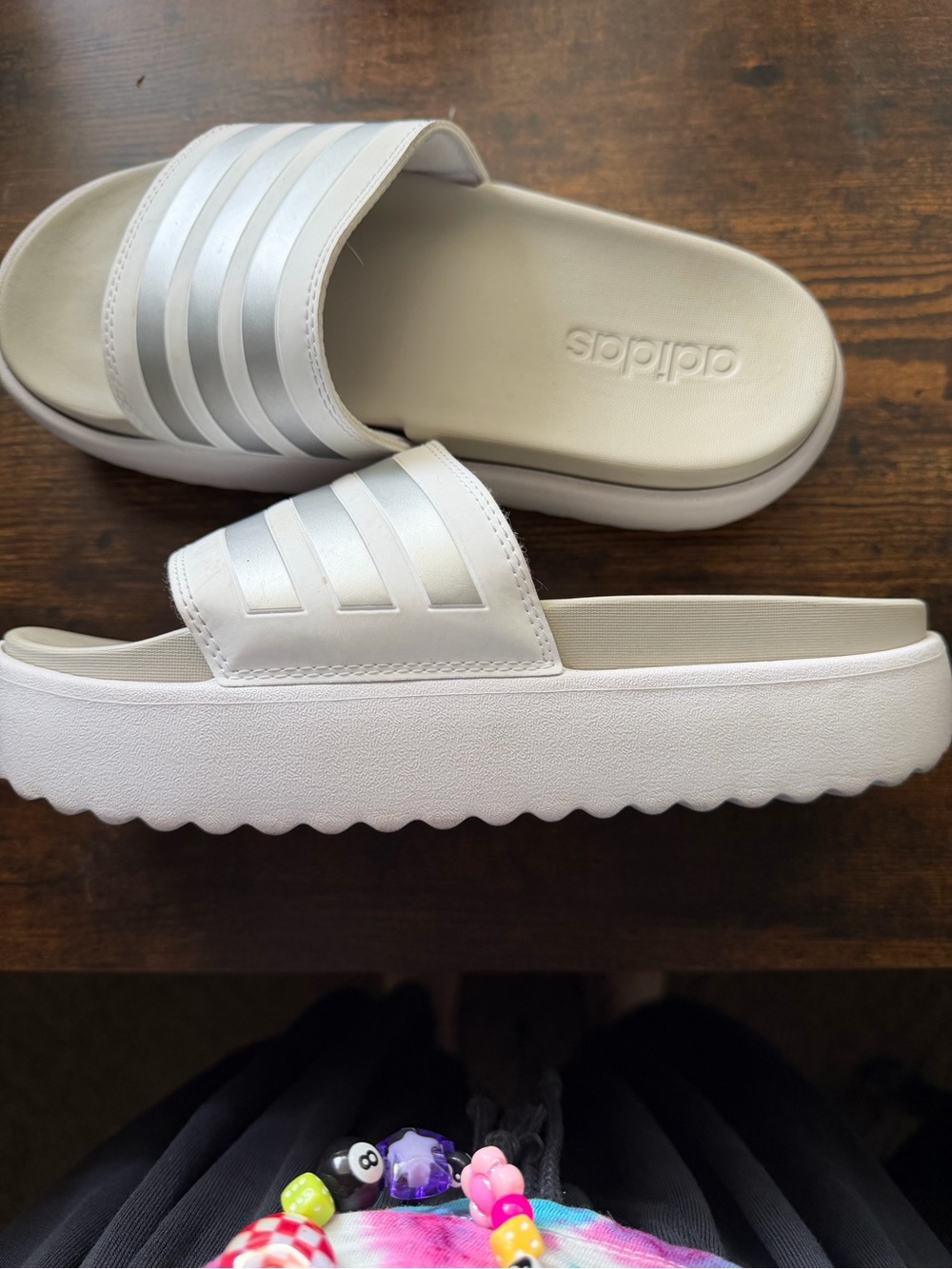 adidas White and Silver platform Slide Sandals with Metallic Stripes - Picture 2 of 4
